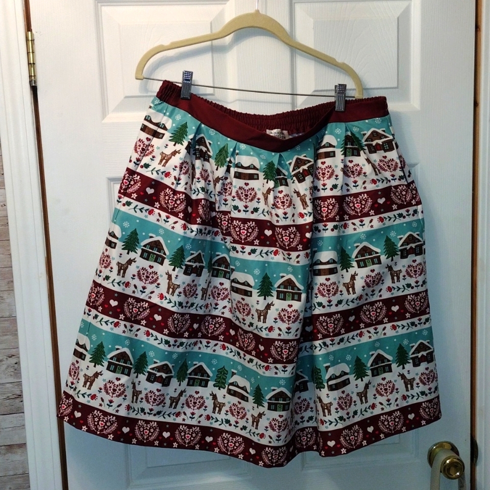 Unique vintage Christmas skirt fair isle reindeer cabins XL